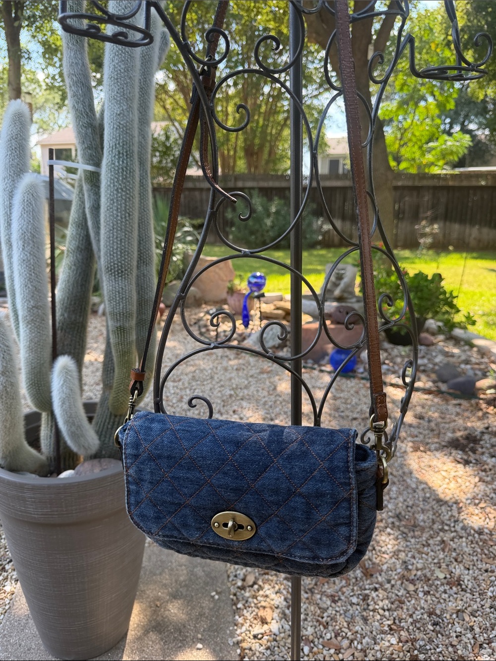 Quilted Denim Crossbody Bag with Brown Strap - Blue